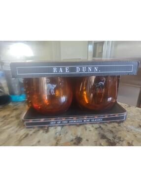 RAE DUNN Trick or Treat Set of 2 Stemless Wine Glasses Halloween 🎃 Black Cat